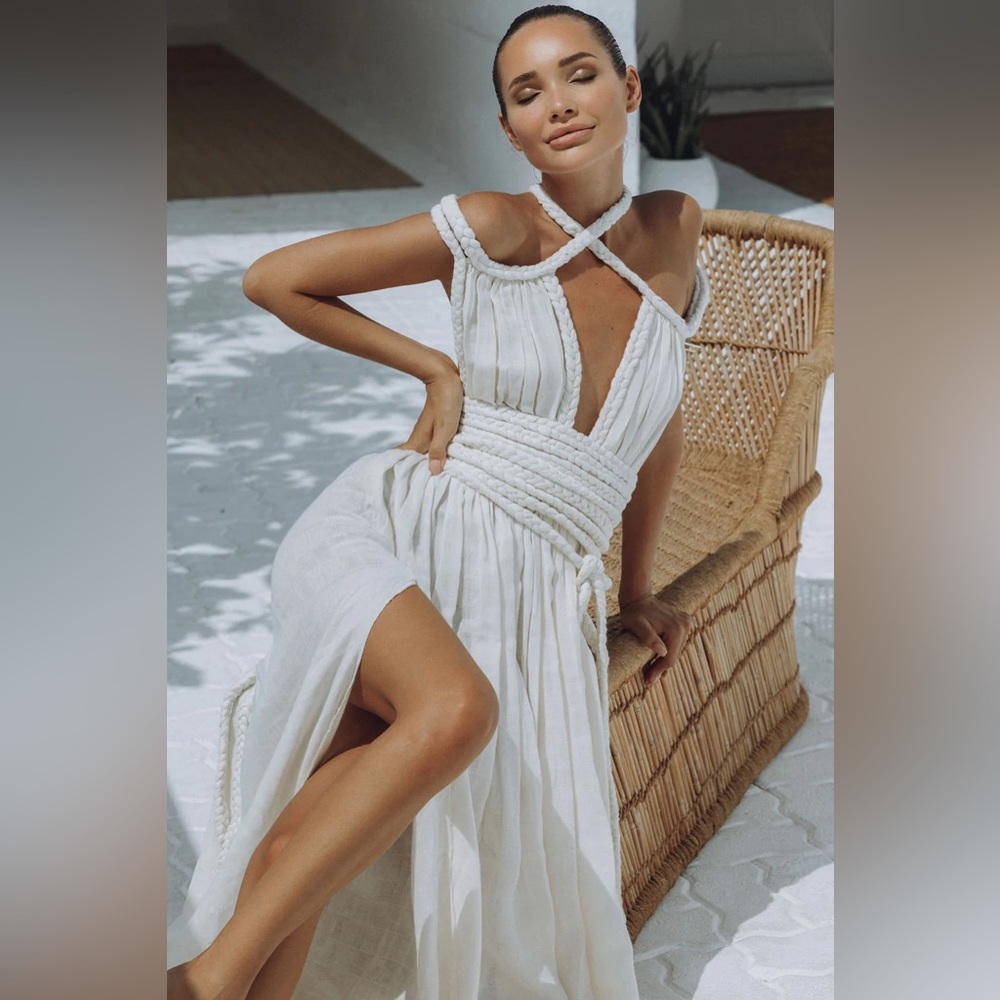 Gauze maxi dress with braided details, hand made in India.